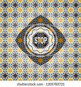 stop icon inside arabic style emblem. Arabesque decoration.