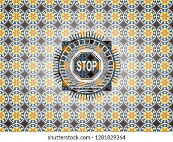 stop icon inside arabic style badge. Arabesque decoration.