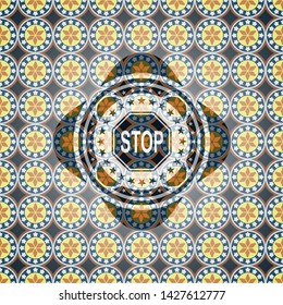 stop icon inside arabic style badge. Arabesque decoration.
