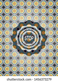 stop icon inside arabic style badge. Arabesque decoration.