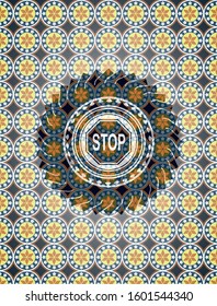 stop icon inside arabic style badge. Arabesque decoration.