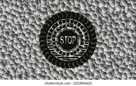 stop icon inside black badge with grey bubbles background. Vector Illustration. Detailed. 