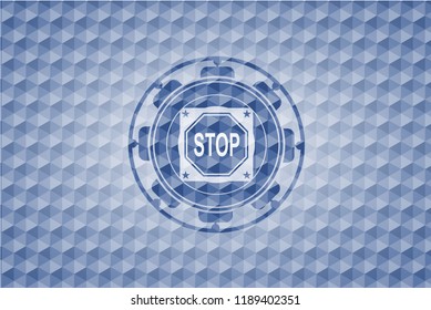 stop icon inside blue badge with geometric pattern.
