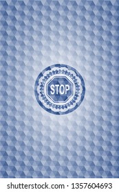 stop icon inside blue badge with geometric background.