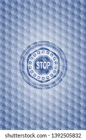 stop icon inside blue badge with geometric pattern.