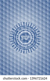 stop icon inside blue badge with geometric pattern background.