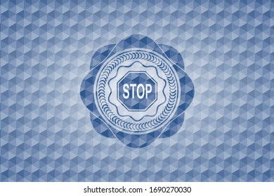 stop icon inside blue badge with geometric pattern.