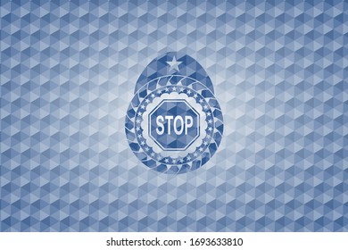 stop icon inside blue badge with geometric pattern.