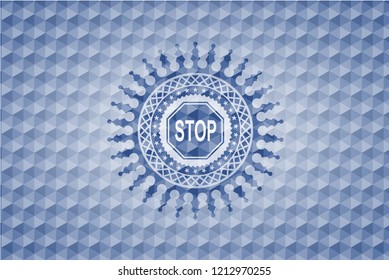 stop icon inside blue emblem with geometric background.