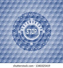 stop icon inside blue emblem or badge with geometric pattern background.