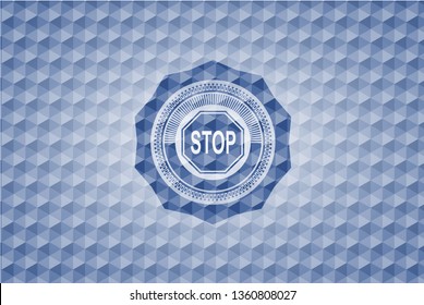 stop icon inside blue emblem or badge with abstract geometric polygonal pattern background.