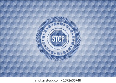 stop icon inside blue emblem with geometric pattern background.