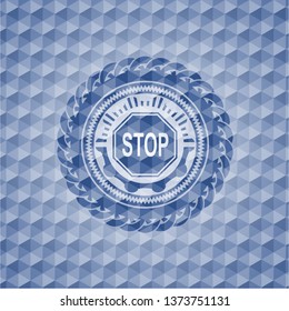 stop icon inside blue emblem with geometric pattern.
