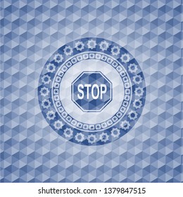 stop icon inside blue emblem or badge with abstract geometric polygonal pattern background.