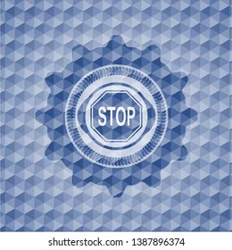 stop icon inside blue emblem or badge with abstract geometric pattern background.