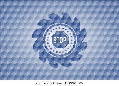 stop icon inside blue emblem or badge with abstract geometric polygonal pattern background.