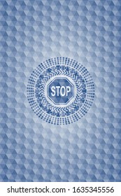 stop icon inside blue emblem with geometric pattern background.