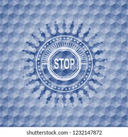 stop icon inside blue hexagon emblem.