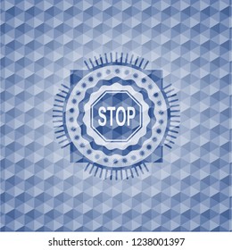 stop icon inside blue hexagon badge.