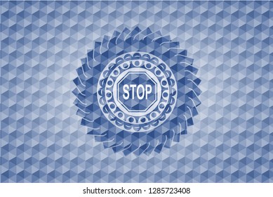 stop icon inside blue hexagon badge.