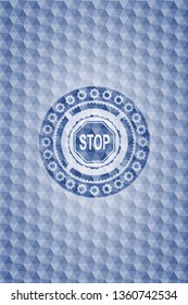 stop icon inside blue hexagon badge.