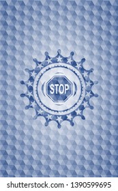 stop icon inside blue hexagon emblem.