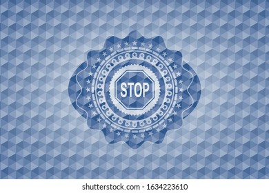 stop icon inside blue polygonal emblem.