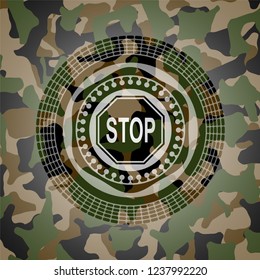 stop icon inside camouflage emblem