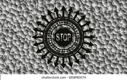 icono de detención dentro del emblema oscuro con fondo de burbujas grises. Retro. Ilustración vectorial. Detallado. 