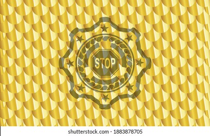 stop icon inside gold emblem. Scales pattern. Vector Illustration. Detailed. 