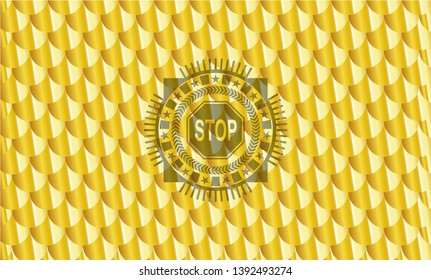 stop icon inside golden badge or emblem. Scales pattern. Vector Illustration. Detailed.