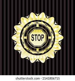 icono de detención dentro de la placa dorada o emblema. 