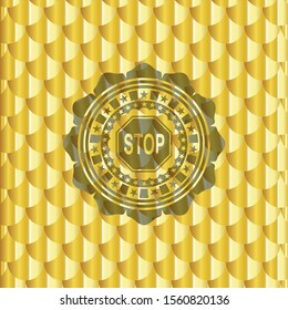 stop icon inside golden emblem. Scales pattern. Vector Illustration. Detailed.