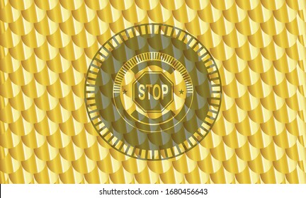 stop icon inside golden emblem. Scales pattern. Vector Illustration. Detailed.