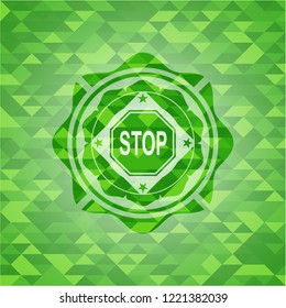 stop icon inside green emblem with mosaic ecological style background