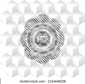 stop icon inside grey badge with geometric cube white background