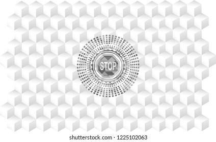 stop icon inside grey badge with geometric cube white background