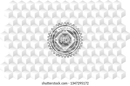 stop icon inside grey badge with geometric cube white background
