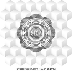 stop icon inside grey icon or emblem with geometric cube white background