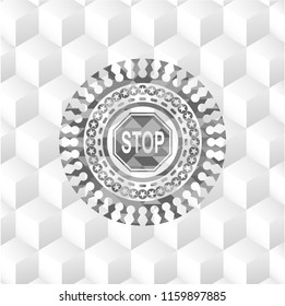 stop icon inside grey emblem. Retro with geometric cube white background