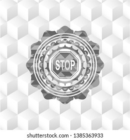stop icon inside grey emblem. Retro with geometric cube white background
