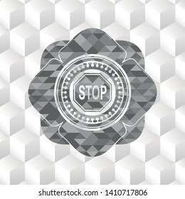 stop icon inside grey icon or emblem with geometric cube white background