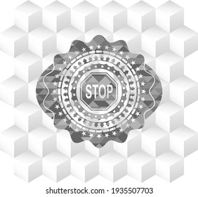 icono de detención dentro del emblema gris. Vintage con fondo blanco cubo geométrico. 