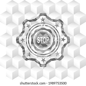 icono de detención dentro del emblema gris con fondo blanco cubo. 