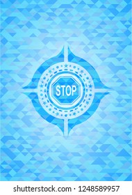 stop icon inside light blue emblem. Mosaic background