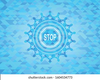 stop icon inside light blue emblem. Mosaic background