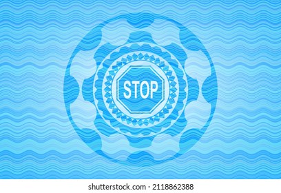 stop icon inside light blue water emblem background. 