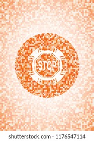 stop icon inside orange mosaic emblem