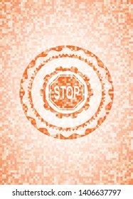 stop icon inside orange mosaic emblem with background