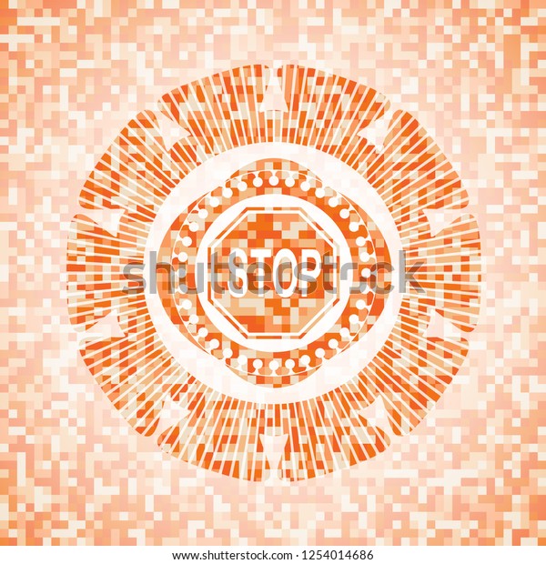 stop\
icon inside orange mosaic emblem with\
background